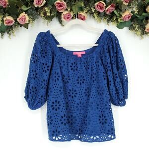 Lilly Pulitzer Kerrigan Elbow Sleeve Funflower Navy Eyelet Top Size XS